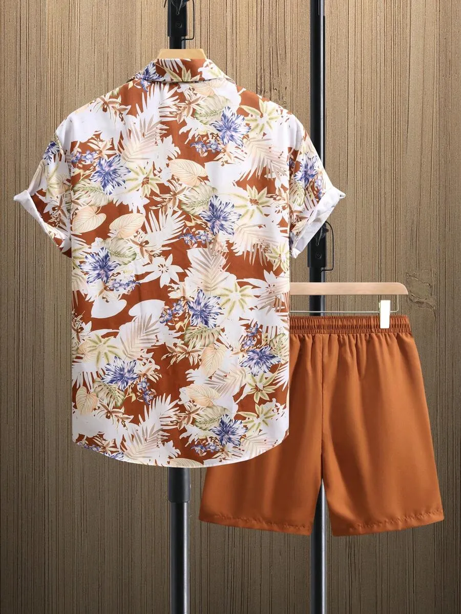 12103 2c-282 Conjunto De Camisa De Mangas Cortas Y Pantalones Cortos Con Estampado De Palmeras Para Hombre