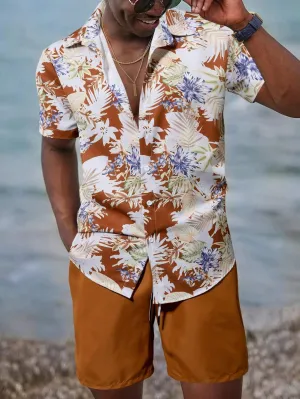 12103 2c-282 Conjunto De Camisa De Mangas Cortas Y Pantalones Cortos Con Estampado De Palmeras Para Hombre