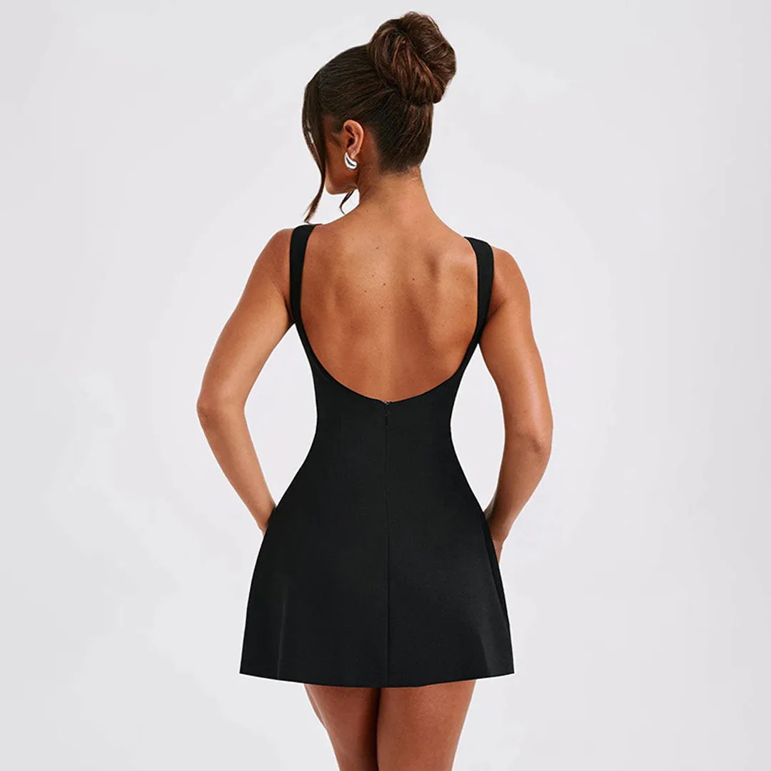 Elegant Solid Color Boat Neck Open Back Sleeveless A Line Mini Party Dress