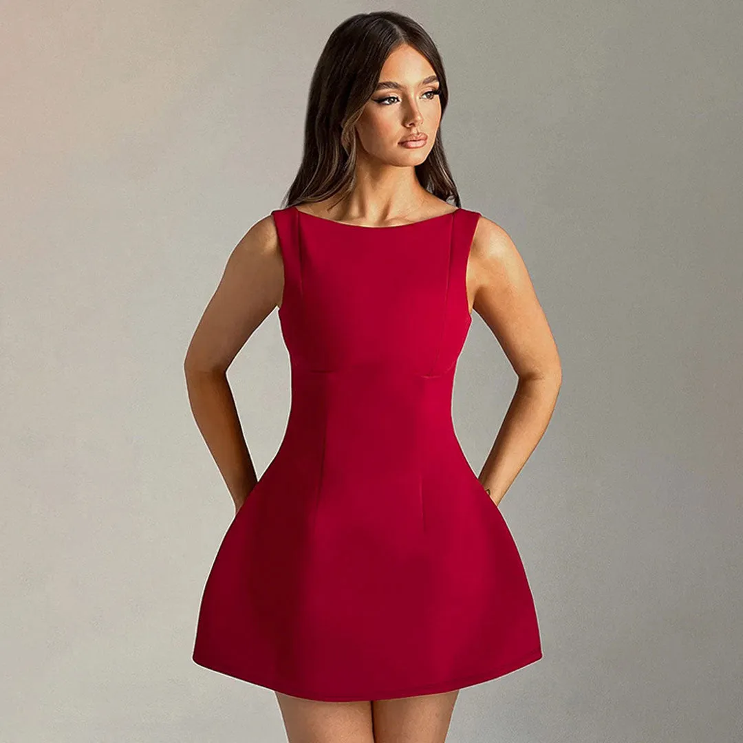 Elegant Solid Color Boat Neck Open Back Sleeveless A Line Mini Party Dress