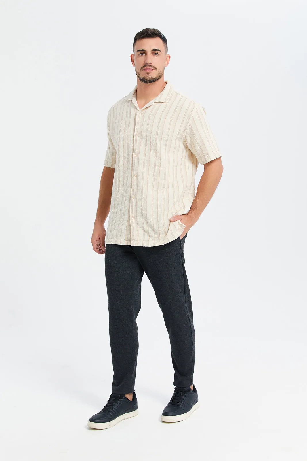 Men Beige Striped Resort Shirt