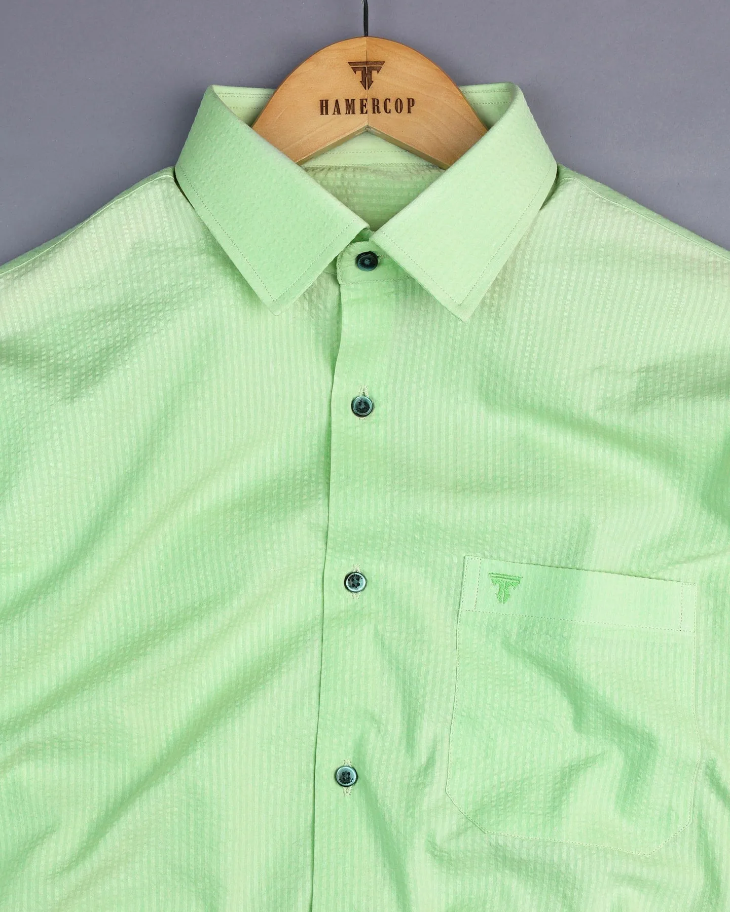 Pista Green Self Stripe Seersucker Cotton Shirt