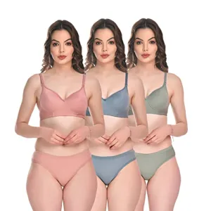 SGC SWEDEN Women Lingerie Set Full with Coverage Non-Padded Women Cotton Bra Panty Set Sexy Bra Panty Set Women Innerwear Pack of 3 Sets (B, Pink-Blue-Green, 34)