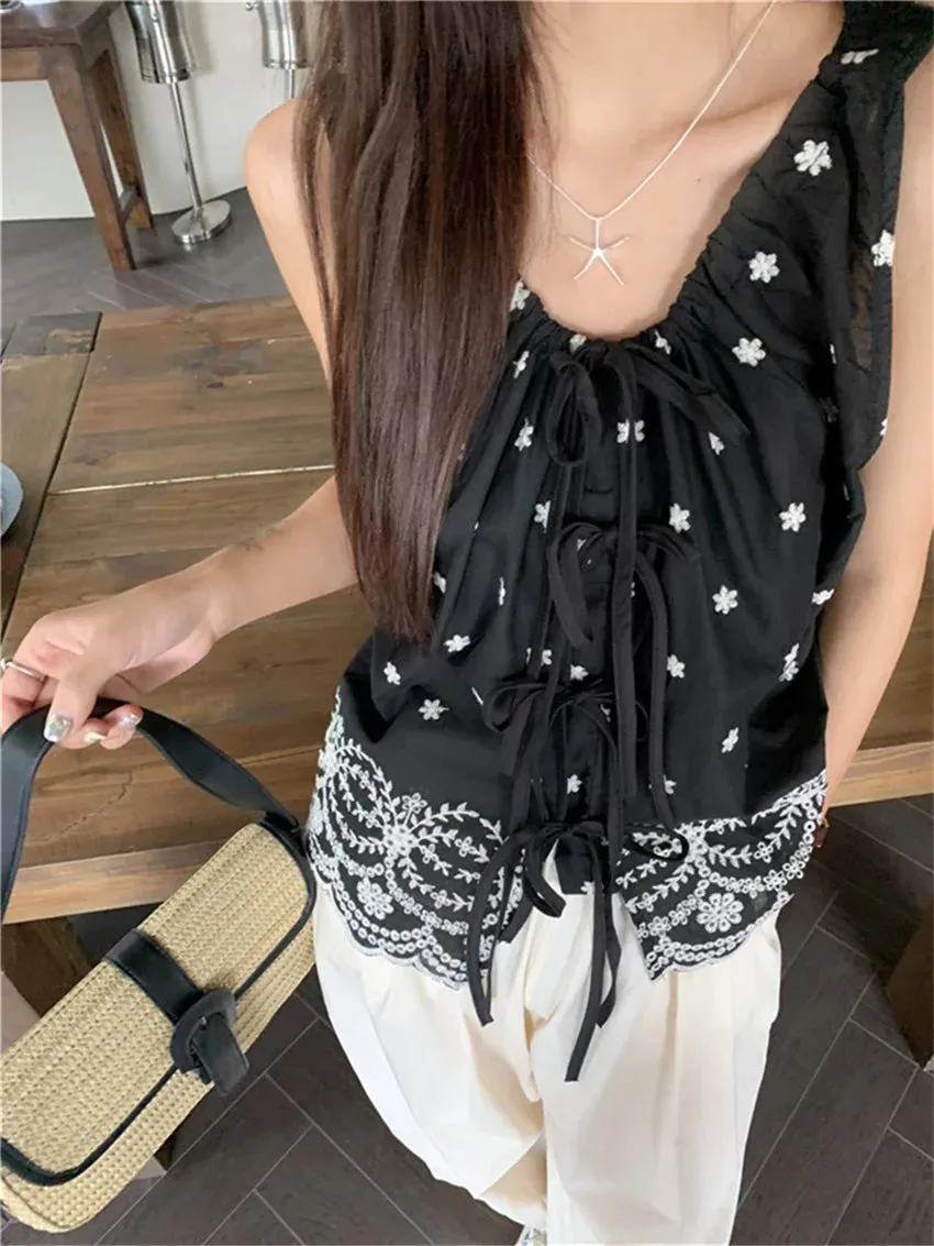 Vevesc Black Tank Tops Women Florals Vintage Sexy Slim Summer Chic Outwear New Casual Office Lady Daily Loose Blusas