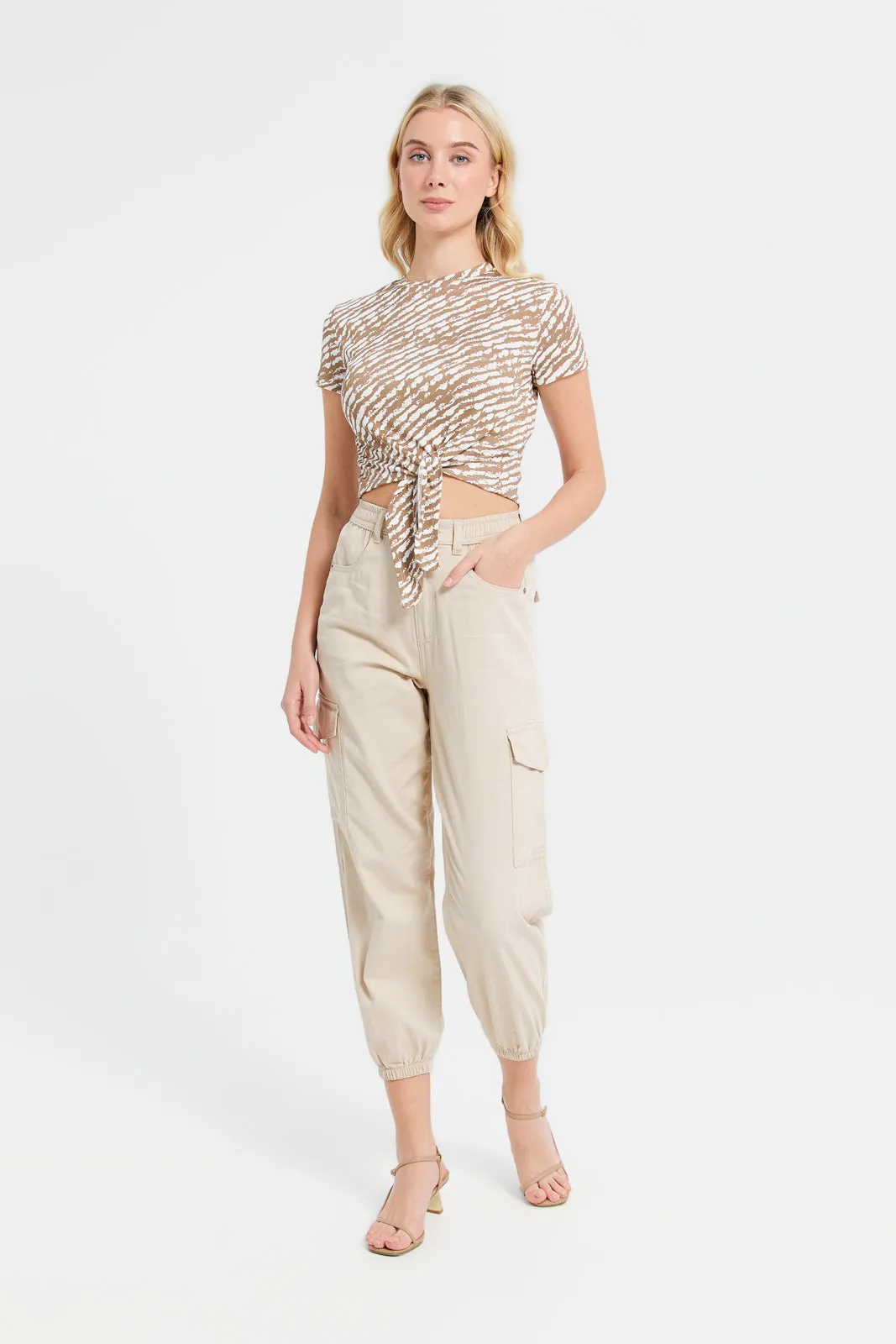 Women Beige Mid Waist Jogger Cargo
