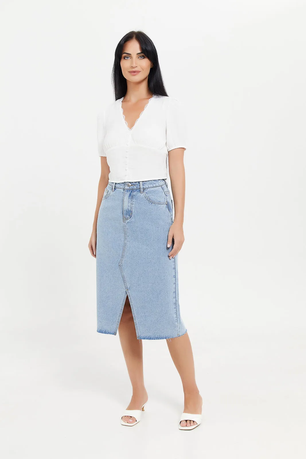 Women Blue Front Slit Bottom Frayed Denim Skirt