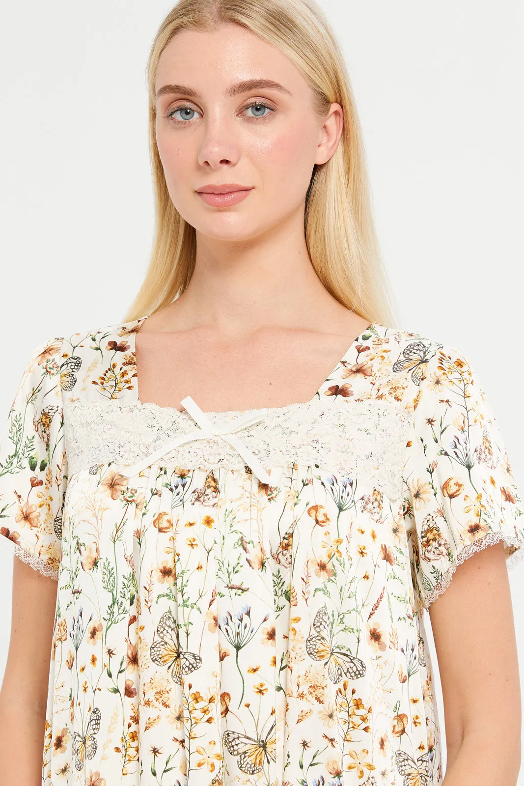 Women Ivory Floral Print Satin Nightgown